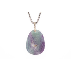 Fluorite purple gemstone pendant on a silver coloured necklace