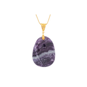 Fluorite purple gemstone pendant on a gold coloured necklace