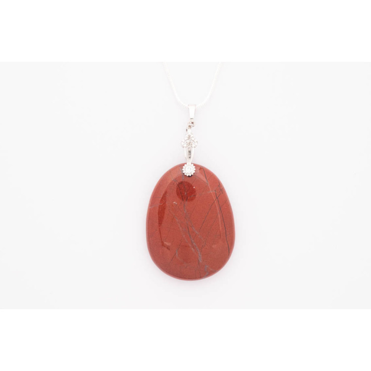 Jasper red gemstone pendant on a silver coloured necklace