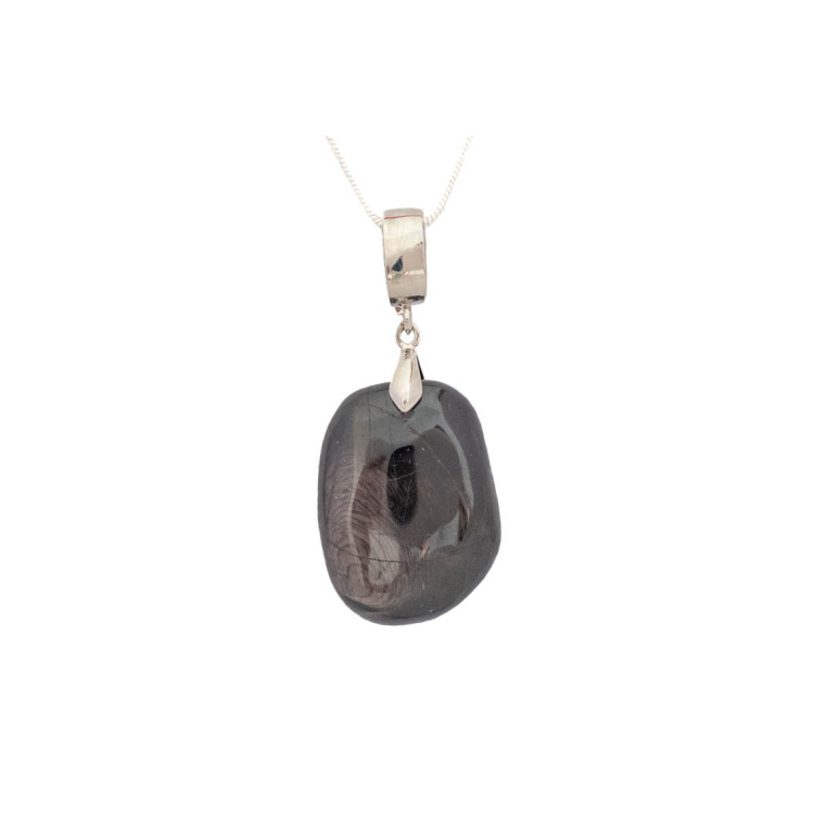 Hypersthene gemstone pendant on a silver coloured necklace