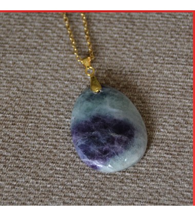 Fluorite Purple Green Gemstone pendant on gold coloured necklace