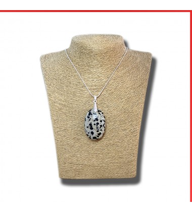Dalmatian gemstone pendant on a silver coloured necklace