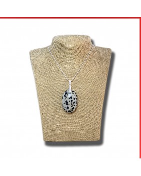 Dalmatian gemstone pendant on a silver coloured necklace