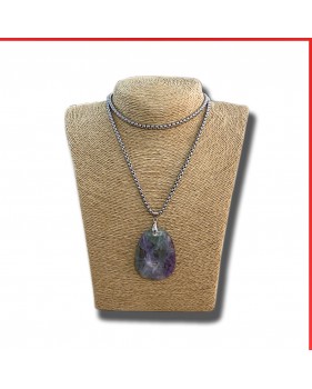Fluorite purple gemstone pendant on a silver coloured necklace