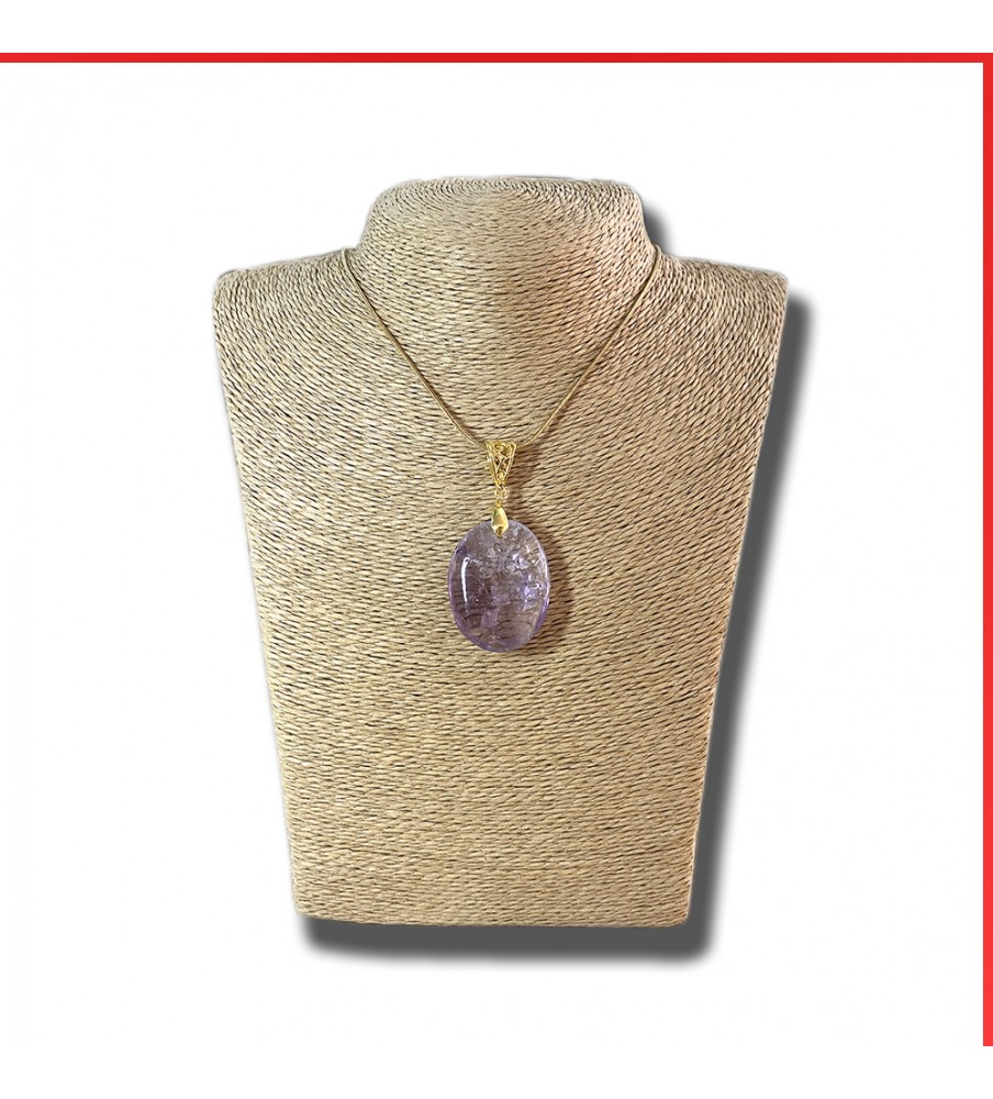 Ametgyst Chevron gemstone pendant on a gold coloured necklace
