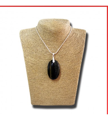 Hawk's eye brown gemstone pendant on a silver coloured necklace