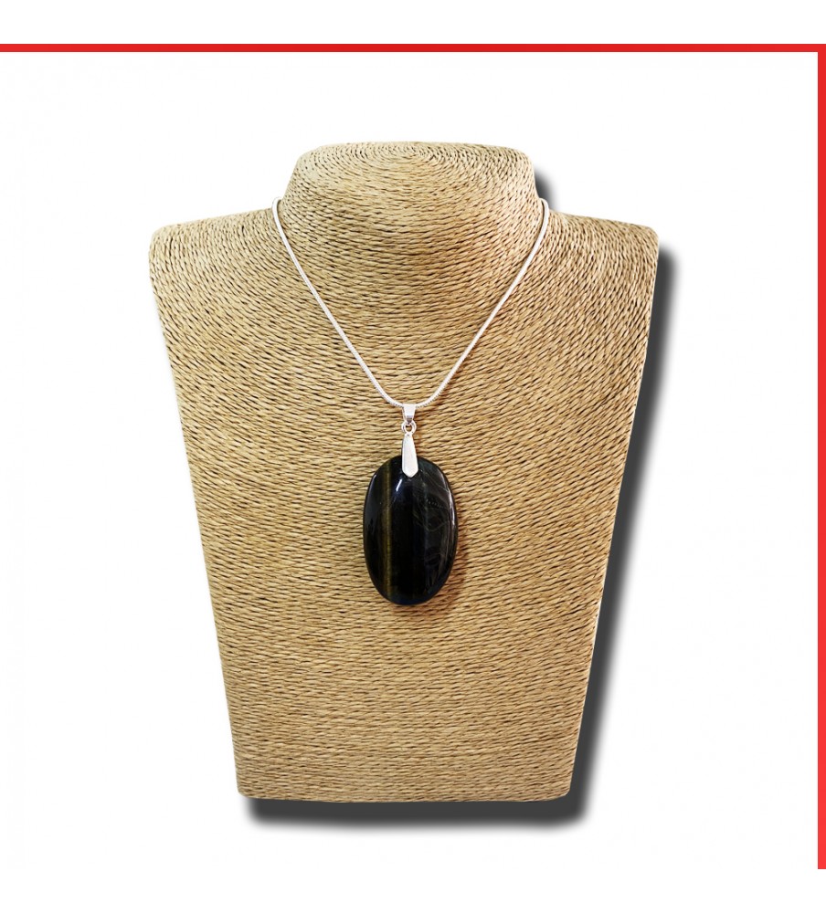 Hawk's eye brown gemstone pendant on a silver coloured necklace Hawk's eye brown gemstone pendant on a silver coloured necklace