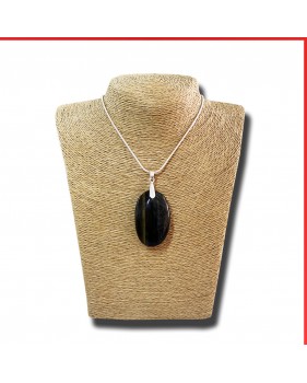 Hawk's eye brown gemstone pendant on a silver coloured necklace