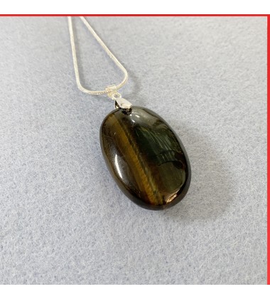 Hawk's eye brown gemstone pendant on a silver coloured necklace