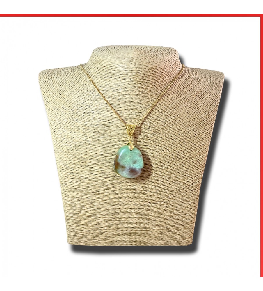 Chrysoprase Australia green gemstone on a gold coloured necklace